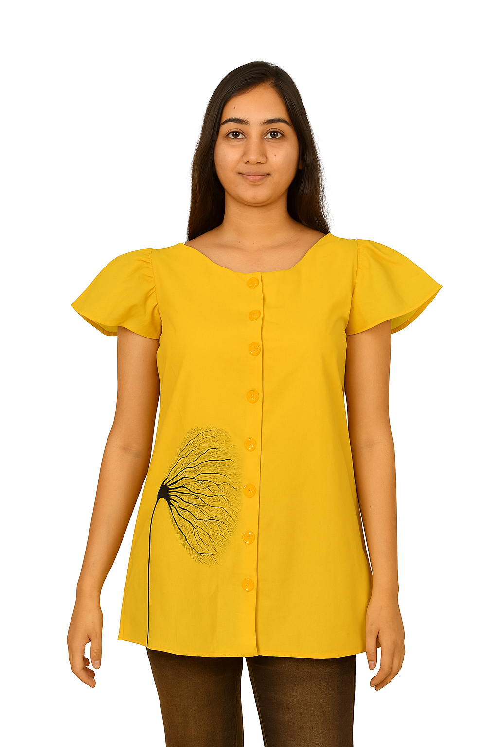 Mustard Yellow Pochampally Cotton Top with Handpainted Design